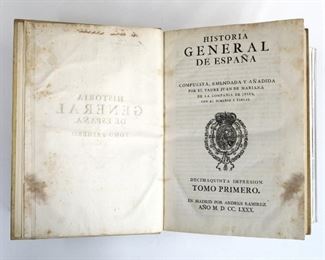 Mariana, Juan de.  "Historia General de Espana" Volumes I & II, Fifteenth Edition.  Madrid, Andres Ramirex, MDCCLXXX (1780) and MDCCLXXX (1783).  Full paneled leather with raised bands, 4to (11 1/2" high).  Some wear and distortion, pages with toning, some foxing and stains.  ESTIMATE $40-60
