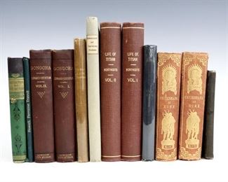 Twelve 19th and 20th century books.  Includes Cruikshank, Robert "Cruikshank at Home" (Vol 1-2 & 3-4) 1845;  Wilde, Oscar "De Profundis" (Second Edition) 1909; Northcote, James "The Life of Titian" (Vol I & II) 1830; Churton, Edward "Gongora" (Vol I & II) 1862; Bassompierre, Francois de "Memoirs of the Embassy..." 1819; Trollope, Thomas Adolphus "Paul the Pope and Paul the Friar" 1870; Ovid "The Art of Love, with a Remedy for Love" 1839; Howell, James "Instructions for Forreine Travell" 1895; and Leech, John "The Comic Latin Grammar" 1840.  Various bindings and sizes (up to 9 1/4" high).  Some wear and losses, pages with toning and foxing.  ESTIMATE $40-60