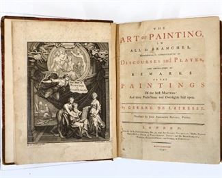 Lairesse, Gerard de.  "The Art of Painting in All its Branches" translated to English by John Frederick Fritsch.  London; MDCCLXXVIII (1778).  Half calf over marbled boards with raised bands and sprinkled edges, 8vo (9 1/4" high).  Some wear and losses, pages with toning and some foxing, some repairs at front.  ESTIMATE $20-40