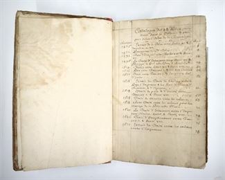 A 16th century French manuscript labeled "Treves & Actes Politic 1475-1511".  Excerpts and annotations for various treaties, marriage agreements, political records, etc.  Outline on first page titled "Catalgue des 48 Sieces contenues dans ce Volume ou rangeez Selon l'Ordre de la Chronologie", label from "Musee Guillaume Deux, la Haye" inside cover.  Marbled paper boards with raised bands, folio (13" high).  Wear and some losses, pages with minor toning and slight foxing.  ESTIMATE $200-400