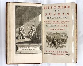 Lesage, Alain-Rene.  "Histoire de Guzman d'Alfarache" Volumes I & II.  Amsterdam; 1740.  Full speckled calf with raised bands and marbled edges, 16mo (6 3/4" high).  Some wear and losses, pages with some toning and foxing.  ESTIMATE $40-60