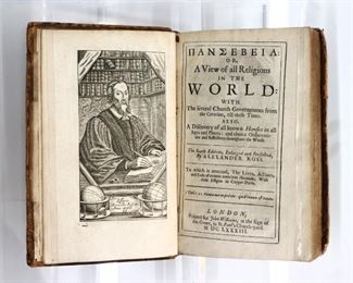 Ross, Alexander. "Pansebeia, or a View of all Religions in the World" Sixth Edition.  London; John Williams, MDCLXXXIII (1683).  Full speckled calf with raised bands and sprinkled edges, 12mo (7 1/4" high).  Some wear and losses, pages with toning, book plates.  ESTIMATE $20-40