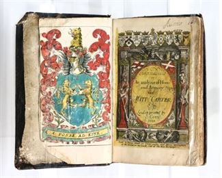 Carter, Matt.  "Honor Redivivus, or, the Analysis of Honor and Armory".  Hand-colored engravings, some partially completed.  London; E. Coates, 1655.  Full morocco with worn gilt edges, 12mo (7" high).  Some wear, pages with toning and minor foxing, some pages missing/cut, handwritten notes.  ESTIMATE $40-60