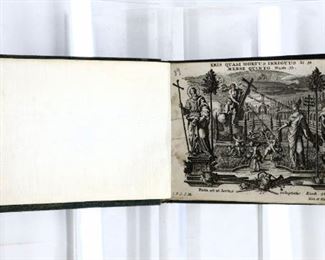 An 18th century bound book of engravings chronologically depicting the Saint Days and religious events of May through August.  Clothbound, 16mo (4" high).  Some wear and minor losses, pages with toning and minor foxing, book plates.  ESTIMATE $20-40