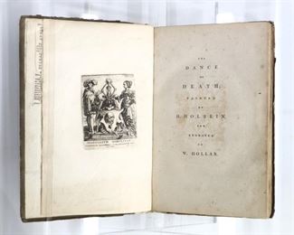 Holbein, Hans.  "The Dance of Death" with a "Dissertation on the various Representations on that Subject" by Francis Douce.  Illustrated with 33 plates engraved by W. Hollar.  London; J. Coxhead, 1816.  Hardcover, 8vo (7 3/4" high).  Some wear, pages rippled with toning and foxing, handwritten notes and book plate.  ESTIMATE $40-60