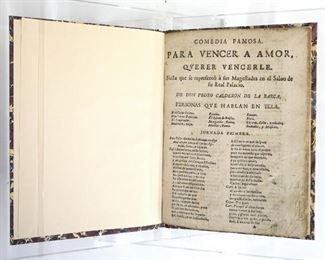 Calderon de la Barca, Pedro.  "Comedia Famosa" series.  Includes "Para Vencer a Amor", "La Dama Duende" and "La Hija del Ayre".  18th century.  Hardcover with marbled boards, 8vo (8 1/2" high).  Newly bound with slight wear, pages with toning, foxing and some damage.  ESTIMATE $20-40