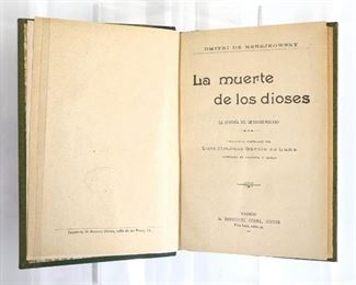 Four late 19th to early 20th century books on Spanish plays.  Includes Merejkowsky, Dmitri de "La Muerte de los Dioses", Kropotkine, P. "La Conquista del Pan", Pardo Bazan, Emilia "Cuarenta Dias en la Exposicion", Gorki, Maximo "En la Prision", and Balmes, Dr D. Jaime "E Criterio" .  Spain; 19th/20th century.  Quarter morocco over cloth boards with raised bands, 12mo (7" high).  Some wear and losses, pages with toning.  ESTIMATE $20-40