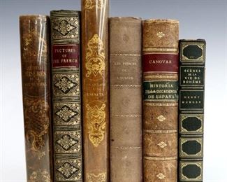 Six 18th to early 20th century books.  Includes "Vocabulaire des Enfants, Dictionnaire Pittoresque" 1839; Balzac, Honore de, et al "Pictures of the French" 1840; Grandville, J.J "Petites Miseres de la Vie Humaine par Old Nick et Grandville" 1843; Canovas del Castillo, Antonio "Historia de La Decadencia de Espana" 1910; Baschet, Armand "La Diplomatie Venitienne les Princes de l'Europe au XVI Siecle" 1862; and Murger, Henry "Scenes de la Vie de Boheme" 1921.  Leatherbound, 8vo to 4to.  Some wear and losses, pages with toning and foxing.  ESTIMATE $40-60