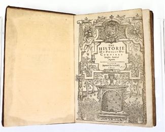 Danett, Thomas.  "The Historie of Philip de Commines, Knight, Lord of Argenton".  London; John Bill, 1614.  Full calf with raised bands and sprinkled edges, 4to (11 1/4" high).  Wear and losses, pages with toning and some foxing, title page cut down and repaired, staining along edges, book plate and handwritten notes.  ESTIMATE $100-150