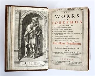 Josephus, Titus Flavius.  "The Works of Josephus" containing six parts, translated to English by Arnauld D'Andilly.  London; R. Chiswell, et al, 1701.  Full calf with raised bands and sprinkled edges, folio (12 3/4" high).  Some wear and damage, cover nearly detached, pages with some toning and minor foxing.  ESTIMATE $40-60
