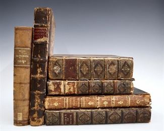 Six 16th to 18th century books.  Includes Mal-Lara Venzino, Juan de "La Philosophia Vulgar" 1568; Selden, John "Titles of Honor" 1672; Priorato, Gualdo "The History of France" 1676; Flechier, Esprit "Histoire du Cardinal Ximenes" 1693; Mariana, Juan de "The General History of Spain" 1699; and Limborch, Philipp van "The History of the Inquisition" (Vol I) 1731.  Leatherbound, 4to to folio.  Some wear, losses and damage, several with detached covers, pages with toning, foxing.  ESTIMATE $100-200