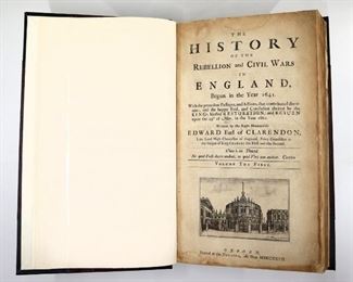 Hyde, Edward.  "The History of the Rebellion and Civil Wars in England, Begin in the Year 1641" Volume I.  Oxford, The Theater, MDCCXXXII (1732).  Clothbound, folio (15 3/4" high).  Newly bound with minor wear, pages with some toning and foxing, several engravings cut out.  ESTIMATE $40-60
