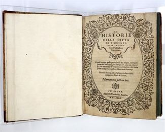Nardi, Jacopo.  "Le Historie della Citta di Fiorenza".  Lyon; Theobaldo Ancelin, MDLXXXII (1582).  Half morocco over marbled boards with painted edges, 8vo (9 1/4" high).  Some wear and minor losses, pages with significant toning and foxing, handwritten notes.  ESTIMATE $40-60