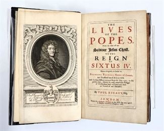 Platina, Baptista.  "The Lives of the Popes from the time of our Saviour Jesus Christ to the Reign of Sixtus IV" English Edition.  London; Christopher Wilkinson, 1685.  Half leather over cloth boards, raised bands and painted edges, slipcover, folio (13" high).  Some wear and minor losses, pages with toning and minor foxing.  ESTIMATE $40-60