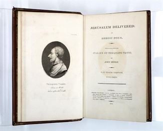Tasso, Torquato.  "Jerusalem Delivered; an Heroic Poem" Tenth Edition.  Translated to English by John Hoole.  London; Johnson & Co., et al, 1811.  Full embossed calf with raised bands and gilt edges, 4to (10" high).  Minor wear and losses, pages with some toning.  ESTIMATE $20-40