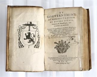 Sansovino, Francesco (Francois Sanssovin).  "Du Governement et Administration de Divers Estats" French Edition.  Paris; Francois Huby, MDCXI (1611).  Vellum bound, 12mo (7" high).  Some wear and losses, pages with toning and minor foxing, handwritten notes and book plate.  ESTIMATE $40-60