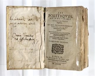 Lipsius, Justus.  "Les Politiques ou Doctrine Civile de Juste Lipsius" Fifth Edition.  Paris; David le Clerc, MDCIX (1609).  Vellum bound, 24mo (5 3/4" high).  Some wear and losses, pages with toning and some foxing, handwritten notes.  ESTIMATE $20-40