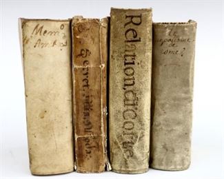 Four 17th century books.  Includes Leti, Gregorio "Le Nepotisme de Rome ou Relation" Part One, 1669; Serre, Jean Puget de la "Il Secretario alla Moda Portato dal Francese da Livio Alessandri" 1657; Luandoro, Girolamo "Relatione della Corte di Roma" 1660; and Wicquefort, Abraham de "Memoires Touchant les Ambassadeurs et les Ministres Publics" 1677.  Each vellum bound, 24mo (up to 5 1/2" high).  Some wear and losses, pages with toning and foxing, book plates.  ESTIMATE $40-60