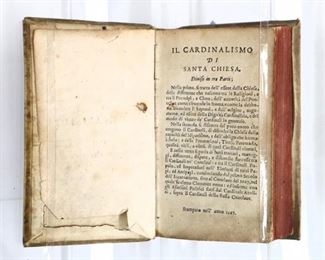 Leti, Gregorio.  "Il Cardinalismo di Santa Chiesa" Part One.  1668.  Vellum bound with painted edges, 24mo (5 1/2" high).  Some wear and losses, pages with toning and some foxing, titled page with tears, handwritten notes.  ESTIMATE $20-40