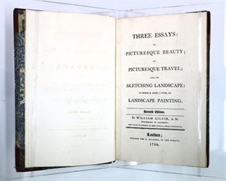 Gilpin, William.  "Three Essays on Picturesque Beauty; on Picturesque Travel; and on Sketching Landscape" Second Edition.  London; R. Blamire, 1794.  Half calf over marbled boards with sprinkled edges, 8vo (9" high).  Some wear and splitting at spine, pages with some toning and foxing, book plate.  ESTIMATE $20-40