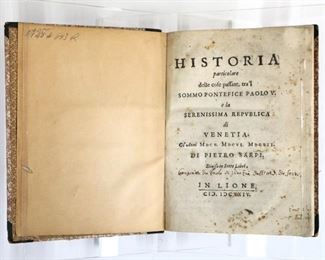 Sarpi, Pietro.  "Historia particolare delle cose passate tra'l Sommo Pontefice Paolo V en la Serenissima Republica di Venetia".  Lyon; 1624.  Half cloth over marbled boards with marbled edges, 8vo (8 1/4" high).  Some wear and losses, pages with some toning and foxing, book plate.  ESTIMATE $40-60