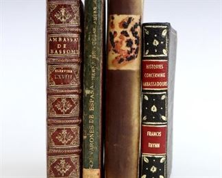 Four 17th century books.  Includes Pulgar, Hernando del "Los Claros Varones de Espana" 1632;  Thynn, Francis "The Application of Certain Histories Concerning Ambassadours and their Functions" 1651; Vera Zuniga Y Figueroa, Juan Antonio de "Les Actions Heroiques et Plaisantes de l'Empereur Charles V" 1674; and Bassompierre, Francois de "Ambassade du Marechal de Bassompierre en Espagne" 1668.  Leatherbound, 32mo to 16mo (up to 5 3/4" high).  Some wear and losses, pages with toning and foxing.  ESTIMATE $40-60