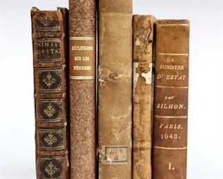 Five 17th century books.  Includes Du Peyrat, Guillaume & De Sallo, Jean-Denis "Traite de l'Origine de Cardinaux du Saint Siege" 1669; Estienne, Henri "Discours Merveilleux de la Vie, Actions & Deportemens de la Reyne Catherine de Medicis" 1663; Galardi, Fernando de "Reflexions sur les Memoires pour les Ambassadeurs et Reponse au Ministre Prisonnier" 1667; and two copies of Silhon, Jean de "Les Ministre d'Estat avec le Veritable Usage de la Politique Moderne" 1648 and 1661.  Various bindings, all 24mo (up to 5 3/4" high).  Some wear and losses, pages with toning and foxing.  ESTIMATE $40-60