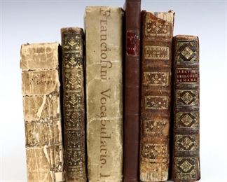 Six 17th and 18th century books.  Includes Le Jumel de Barneville, Marie-Catherine "Relation du Voyage d'Espagne" (Vol I) 1705; Lucinge, Rene de "The Beginning; Continuance and Decay of Estates" 1606; Tiepolo, Paolo "Li Tesori della Corte Romana" 1642; Vertot, Rene-Aubert de "Revolutions de Portugal" 1767; Bellarmino, Roberto "Explicacion mas Copiosa de la Doctrina Christiana Breve..." 1781; and Franciosini, Lorenzo "Vocabulario Italiano, E Spagnolo" 1735.  Leather and clothbound, all 8vo.  Some wear and losses, pages with toning and foxing.  ESTIMATE $40-60