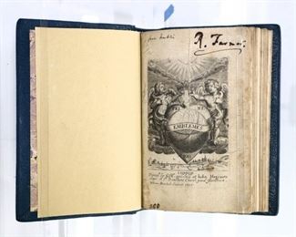 Quarles, Francis.  "Emblemes".  London; G.M., 1635.  Full morocco with raised bands and gilt edges, 24mo (5 3/4" high).  Newly bound with slight wear, pages with some toning and minor foxing.  ESTIMATE $20-40