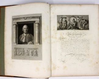 Bowyer, Robert. "Plates to Boyer's England".  Bound folio collection containing over 140 full page engraved book plates from Robert Bowyer's edition of "The History of England" by David Hume, 1795.  London; Historie Gallery, 1793.  Half calf over cloth boards and raised bands, folio (18 3/4" high).  Some wear and staining, pages with toning and foxing.  ESTIMATE $200-400