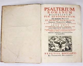 An 18th century Roman Breviary "Psalterium Romanum".  Bound folio collection containing 338 pages on laid paper with daily Latin psalms, hymns and antiphonals.  Venice; MDCCLXXVI (1776).  Marbled paper boards with raised bands, folio (19" high).  Some wear and distortion, pages with minor toning and foxing.  ESTIMATE $200-400