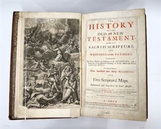 Fontaine, Nicolas.  "History of the New and Old Testament" Second Edition, enlarged.  Illustrated with 240 engraved images and 5 maps.  London; R. Blome, et al, 1701.  Full paneled calf with raised bands and marbled edges, folio (16 1/2" high).  Wear and damage, losses and splitting to spine, pages with toning, foxing and some water damage, several pages repaired.  ESTIMATE $100-150