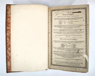 Minsheu, John.  "The Guide into Tongues".  London; John Minsheu, 1617.  Full embossed calf with raised bands and marbled edges, folio (15 1/4" high).  Cover detached, some wear and losses, pages with toning and foxing, repaired titled page, book plates.  ESTIMATE $40-60