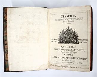 Berni, D. Joseph.  "Creacion Antiguedad, y Privelgios de los Titulos de Castilla".  Valencia; Berni, 1769.  Full marbled calf with raised bands and painted edges, folio (13 1/2" high).  Some wear and losses, pages with toning and some foxing, last few pages with torn corners.  ESTIMATE $40-60