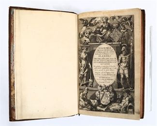 Carnero, Antonio.  "Historia de las Guerras Civiles que ha Avido en los Estados de Flandes".  Brussels; Ivan de Meerbeque, 1625.  Full speckled calf with raised bands and painted edges, folio (12 1/2").  Some wear and losses, splitting at spine, pages with toning and some foxing, book plate.  ESTIMATE $40-60