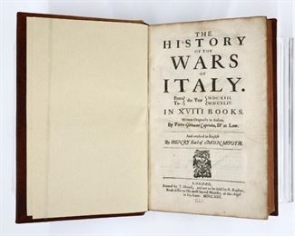 Capriata, Pietro Giovanni.  "The History of the Wars of Italy" translated to English by Henry Earl of Monmouth.  London; J. Macock, MDCLXIII (1663).  Full two-tone morocco with raised bands and painted edges, 4to (11 3/4" high).  Minor wear, pages with minor toning and some foxing.  ESTIMATE $40-60