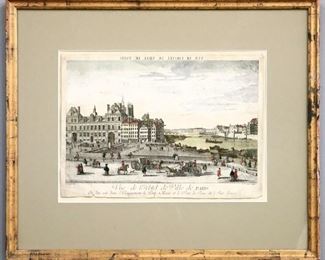 Jacques Rigaud, French, 1680-1754.  An 18th century "Vue d'Optique" engraving on paper with hand-coloring, titled "Vue de l'Hotel de Ville de Paris" .  Toning and some foxing, rippling to paper, creases and small tears at edges.  Image 16 x 11 1/2" high, in a molded frame with some wear, 24 3/4 x 20 3/4" high overall.  ESTIMATE $40-60