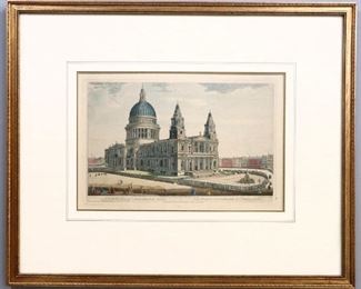 An 18th century "Vue d'Optique" engraving on paper with hand-coloring, titled "A North West View of St. Paul's Cathedral London" .  Dated "1763" lower center.  Toning and some foxing, slight rippling to paper.  Image 15 1/2 x 10 1/4" high, framed 28 1/2 x 23 1/4" high overall.  ESTIMATE $100-150