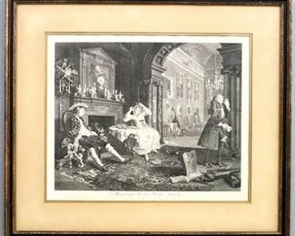 After William Hogarth, 1697-1764.  An 18th century engraving on paper titled "Marriage A-la-Mode" Plate II.  Signed "Wm Hogarth" in the plate lower left.  Some toning and rippling to paper, slight foxing.  Image 18 1/2 x 15 1/4" high, framed 26 1/2 x 23" high overall.  ESTIMATE $40-60