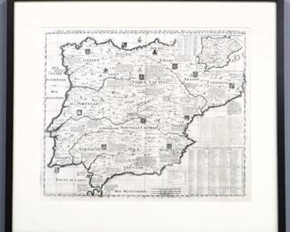 An early 18th century Atlas Historique engraved map of Spain and Portugal.  Titled "Carte Historique et Geographique des Royaumes d Espagne et de Portugal".  Minor toning, very slight foxing.  Image  22 x 18" high, framed 29 x 25 1/2" high overall.  ESTIMATE $100-150