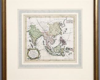 Louis Brion de la Tour, French, 1743-1803.  An 18th century engraved map with hand-coloring, titled "Chine, et Indes avec les Isles".  Signed "par M. Brion" and dated "1766" in the plate lower left.  Minor toning, very slight foxing.  Image 10 1/4 x 9 1/4" high, framed 19 3/4 x 19 1/4" high overall.  ESTIMATE $40-60