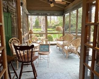 CHARMING SCREEN PORCH FULL OF VINTAGE WICKER AND FUN THINGS