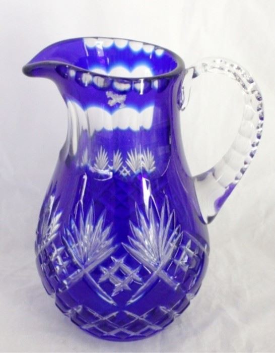 1 - Bohemian cut to clear Cobalt Blue Glass Pitcher 8" tall
