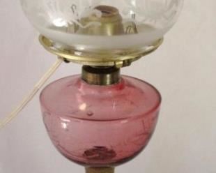 14 - Cranberry & milk glass oil lamp - 17"
