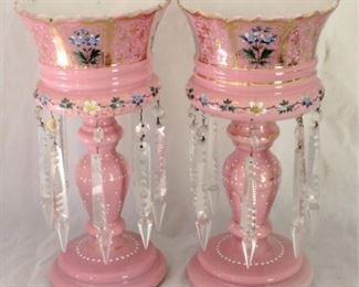 13 - Pair Bohemian art glass 14" mantle lustres
