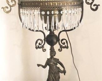 26 - Vintage figural banquet lamp with prisms - 39" Hand painted shade
