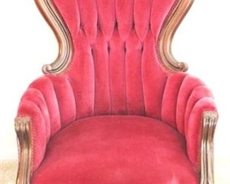 32 - Victorian carved walnut tufted parlor chair red velvet 46 x 26 x 24
