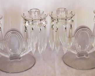 69 - Pair Fostoria Sunray 2 lite prism candlesticks 6" tall
