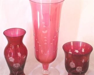 75 - 3 piece of Cranberry/Clear Glass Items

