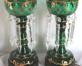 178 - Art Glass pair mantle lustres, gold overlay 16 inches tall
